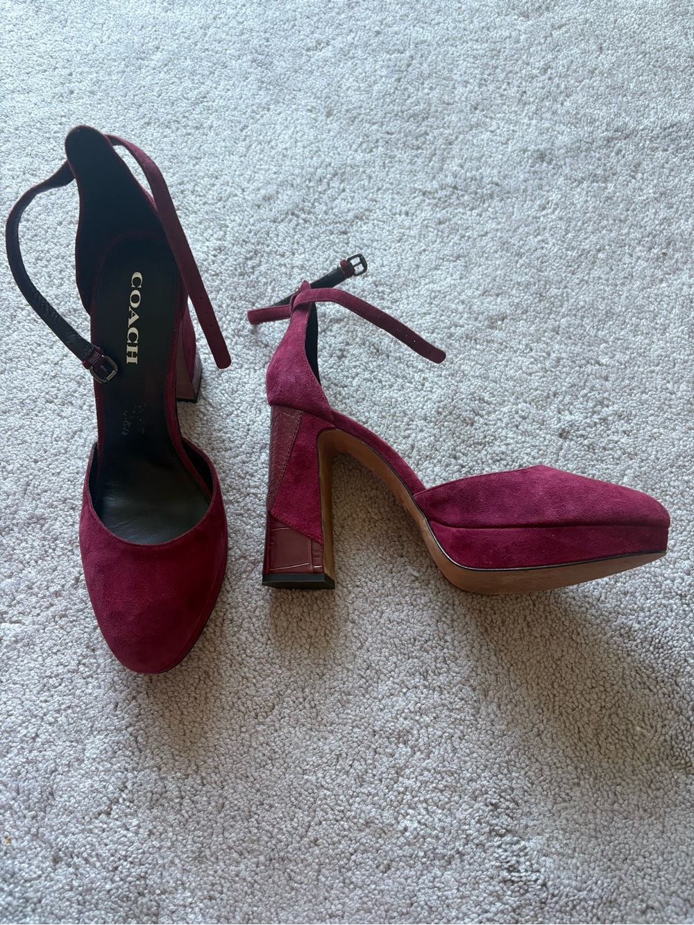 Coach Women's Burgundy Suede Platform Ankle-Strap Block Heels